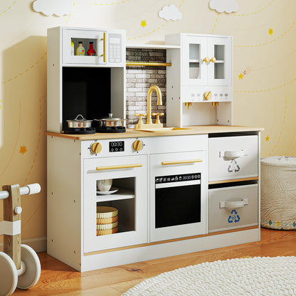 The play kitchen set is shown in a child's bedroom with a rug and toy basket