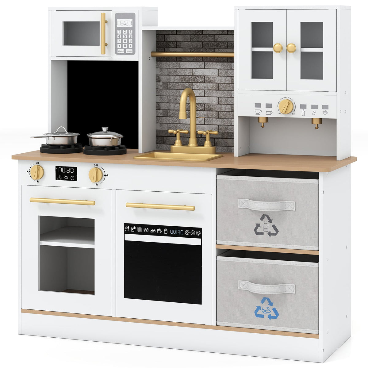 Wooden play kitchen with microwave, hob, oven, sink and storage cupboards