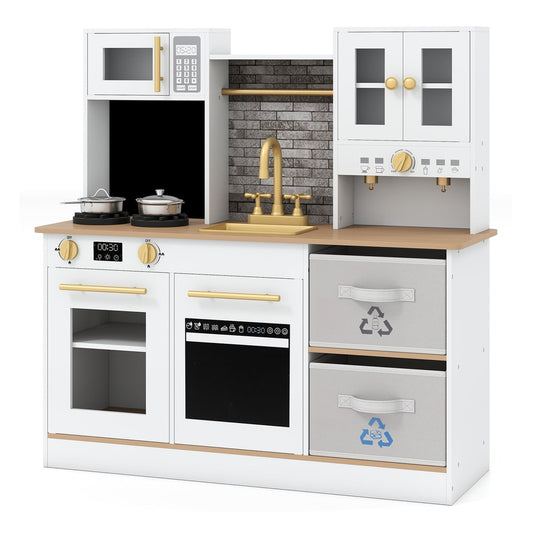 Wooden play kitchen with microwave, hob, oven, sink and storage cupboards
