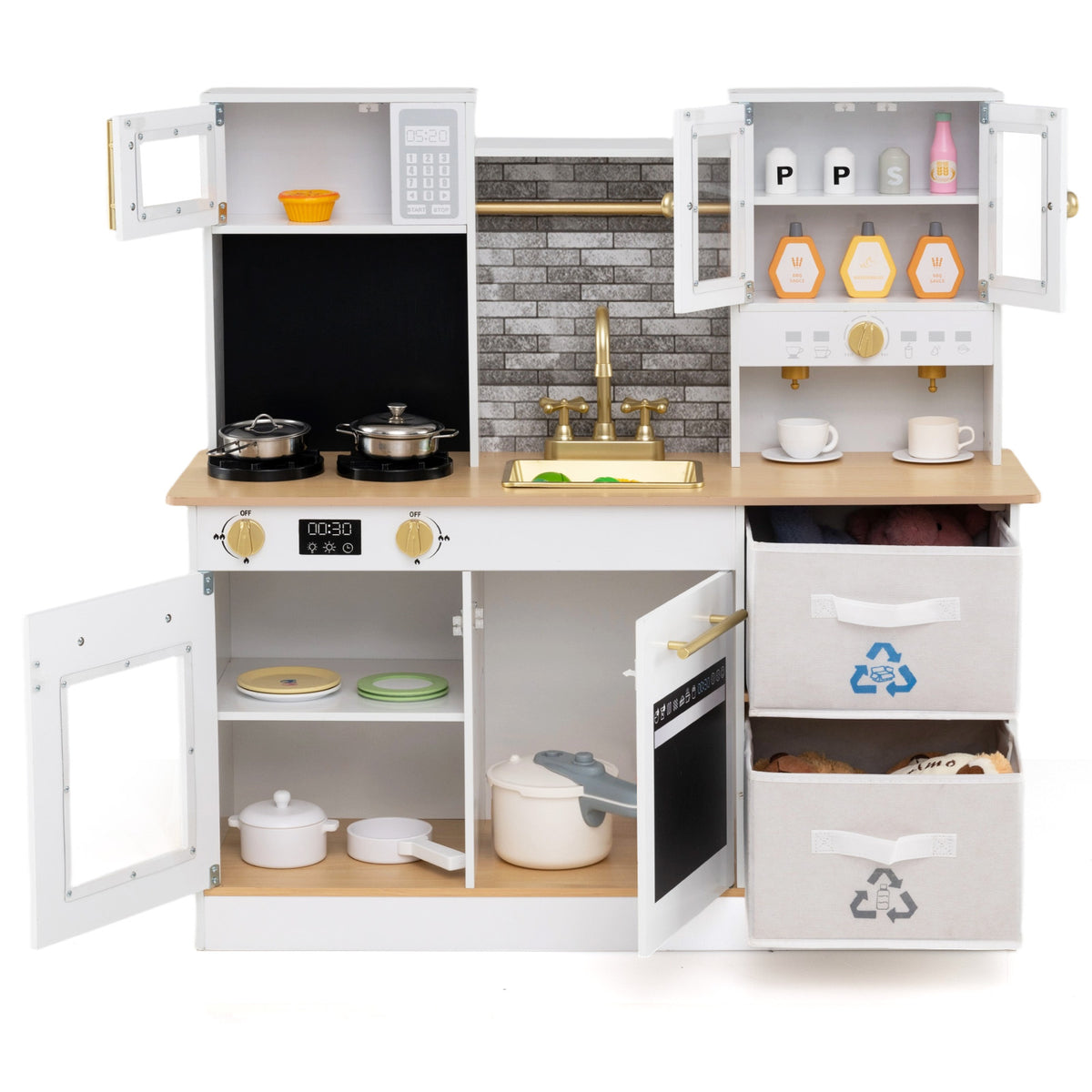 The kitchen set with doors and drawers open, showing internal storage and accessories