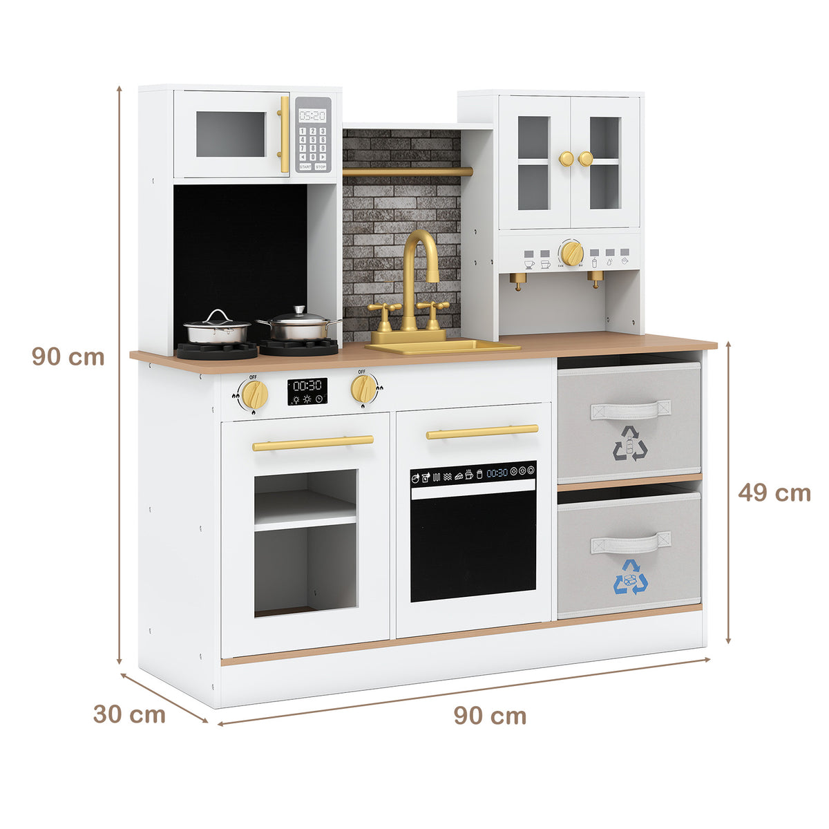 Dimensions of the wooden play kitchen, showing width, depth and height