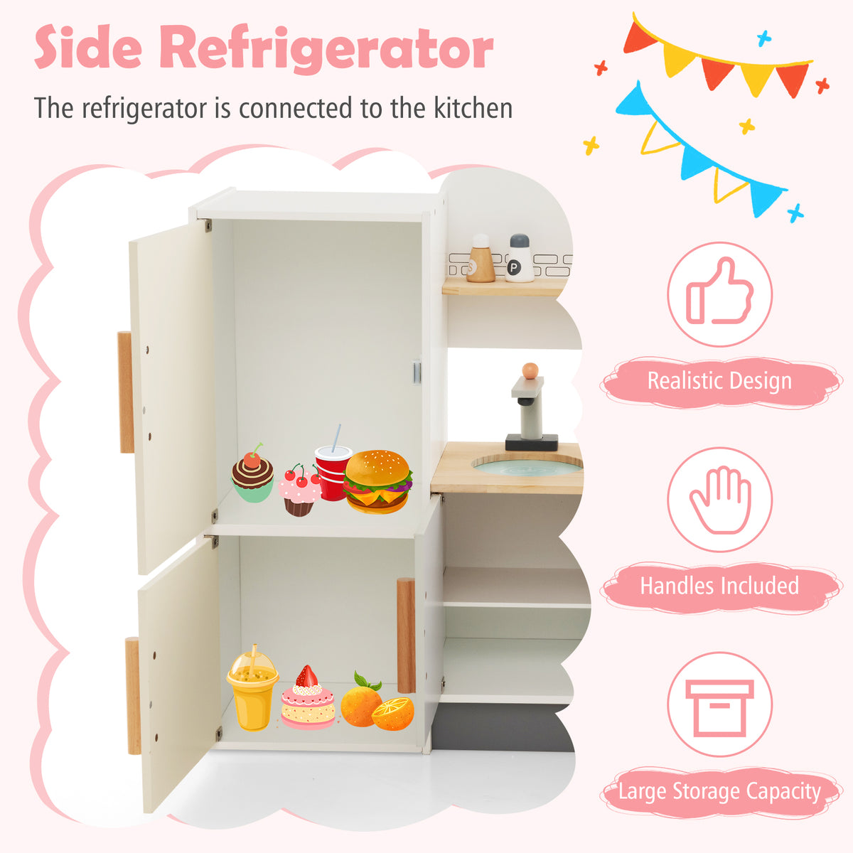 The open fridge of the wooden play kitchen shows toy food