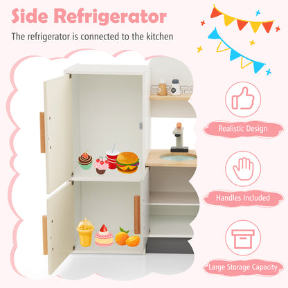 The open fridge of the wooden play kitchen shows toy food