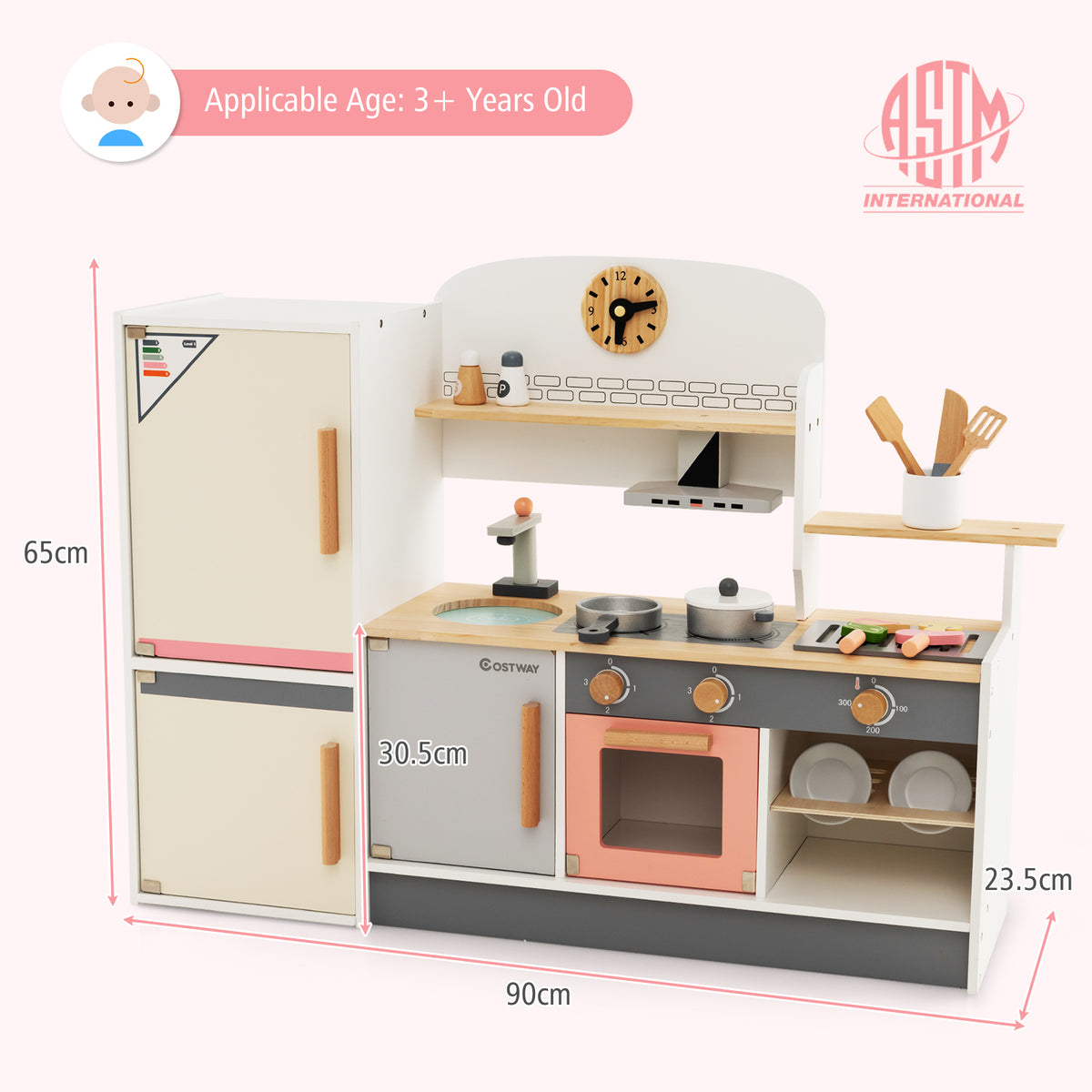 Dimensions of the wooden play kitchen set are displayed
