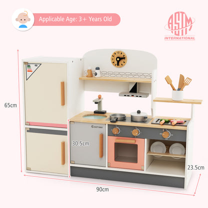 Dimensions of the wooden play kitchen set are displayed