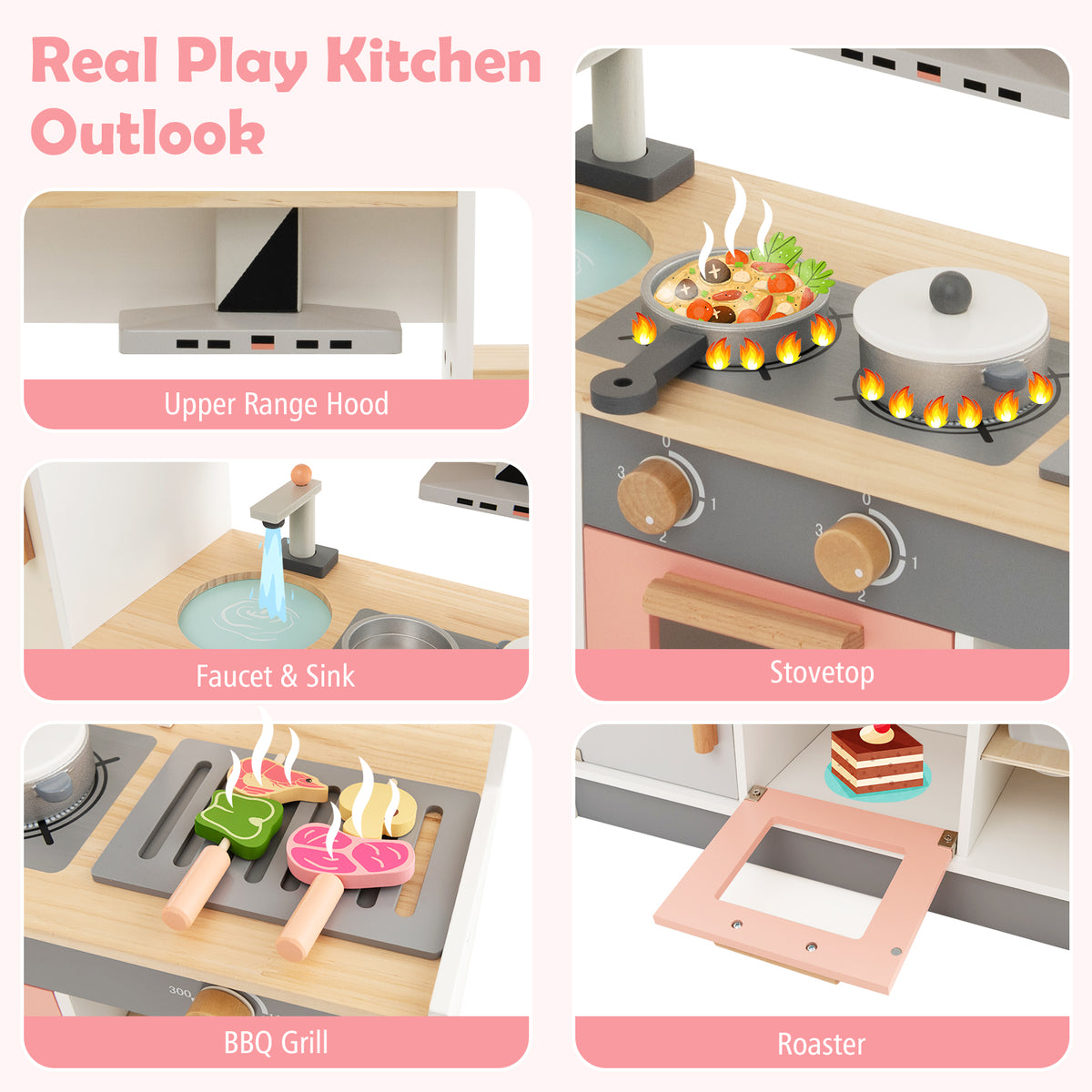 Close up views of the play kitchen features