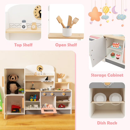 Different parts of the play kitchen set shown