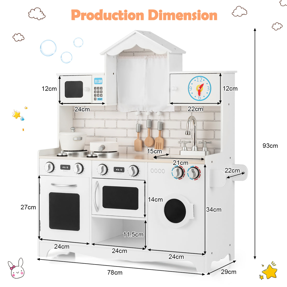 A diagram showing the dimensions of the wooden play kitchen set