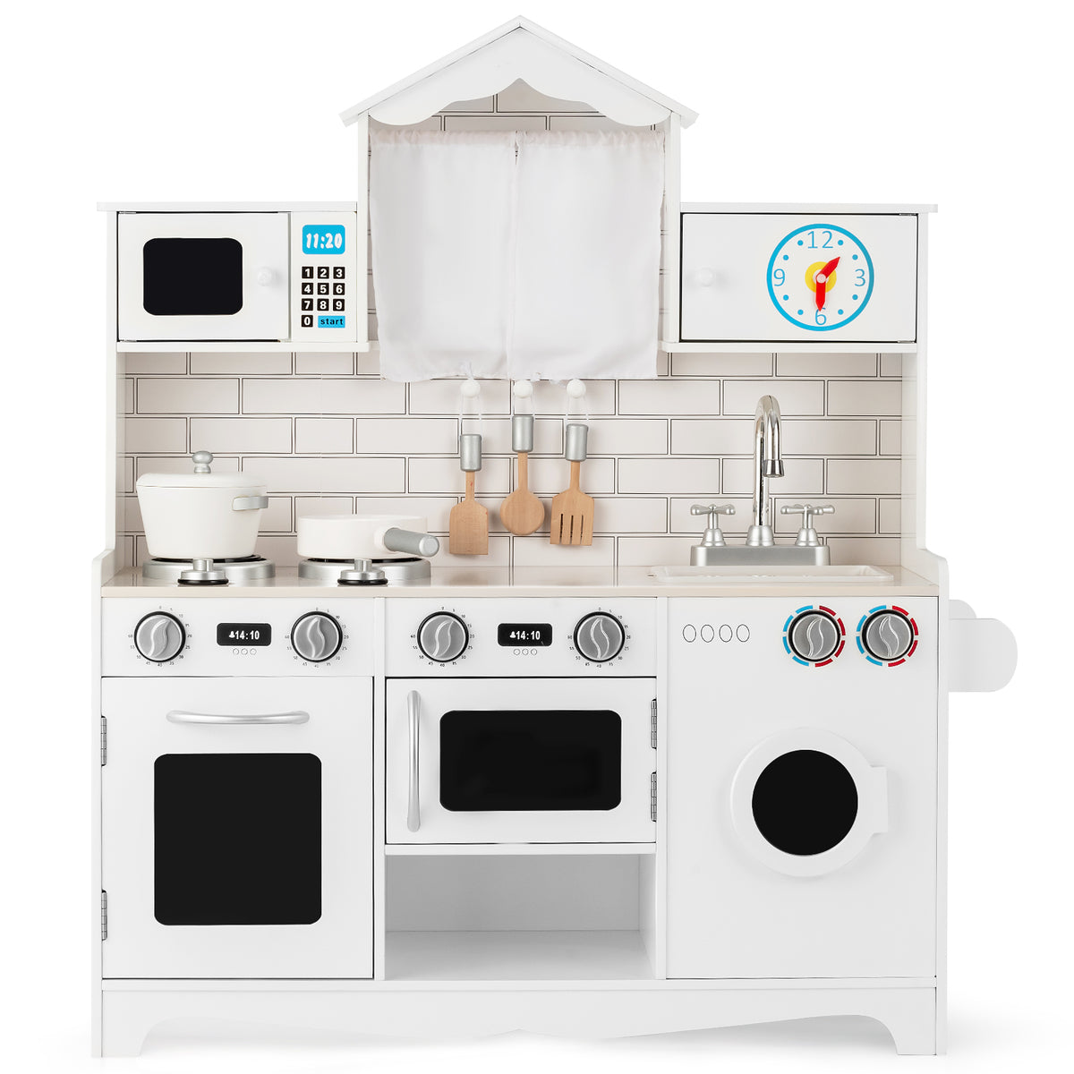 Front view of the white wooden play kitchen set with oven and washing machine
