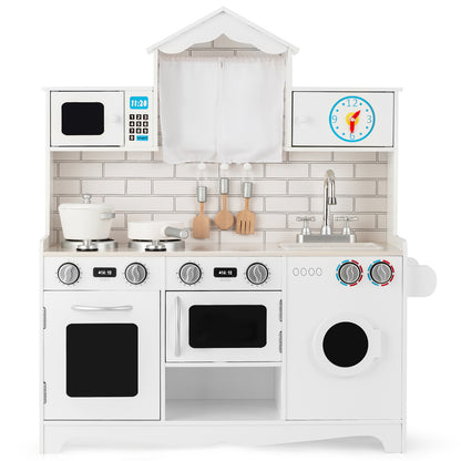 Front view of the white wooden play kitchen set with oven and washing machine