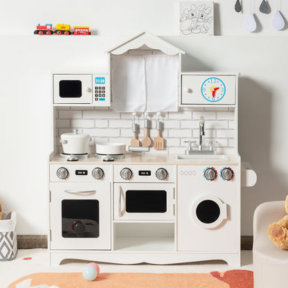 The wooden play kitchen set in a room with toys around it