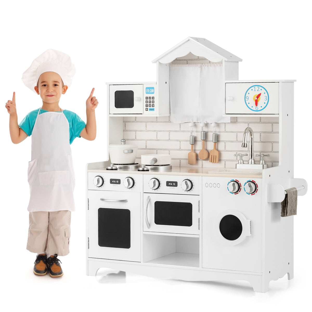 Wooden Pretend Kitchen Toys with Knobs and Open Shelf with a child standing next to it