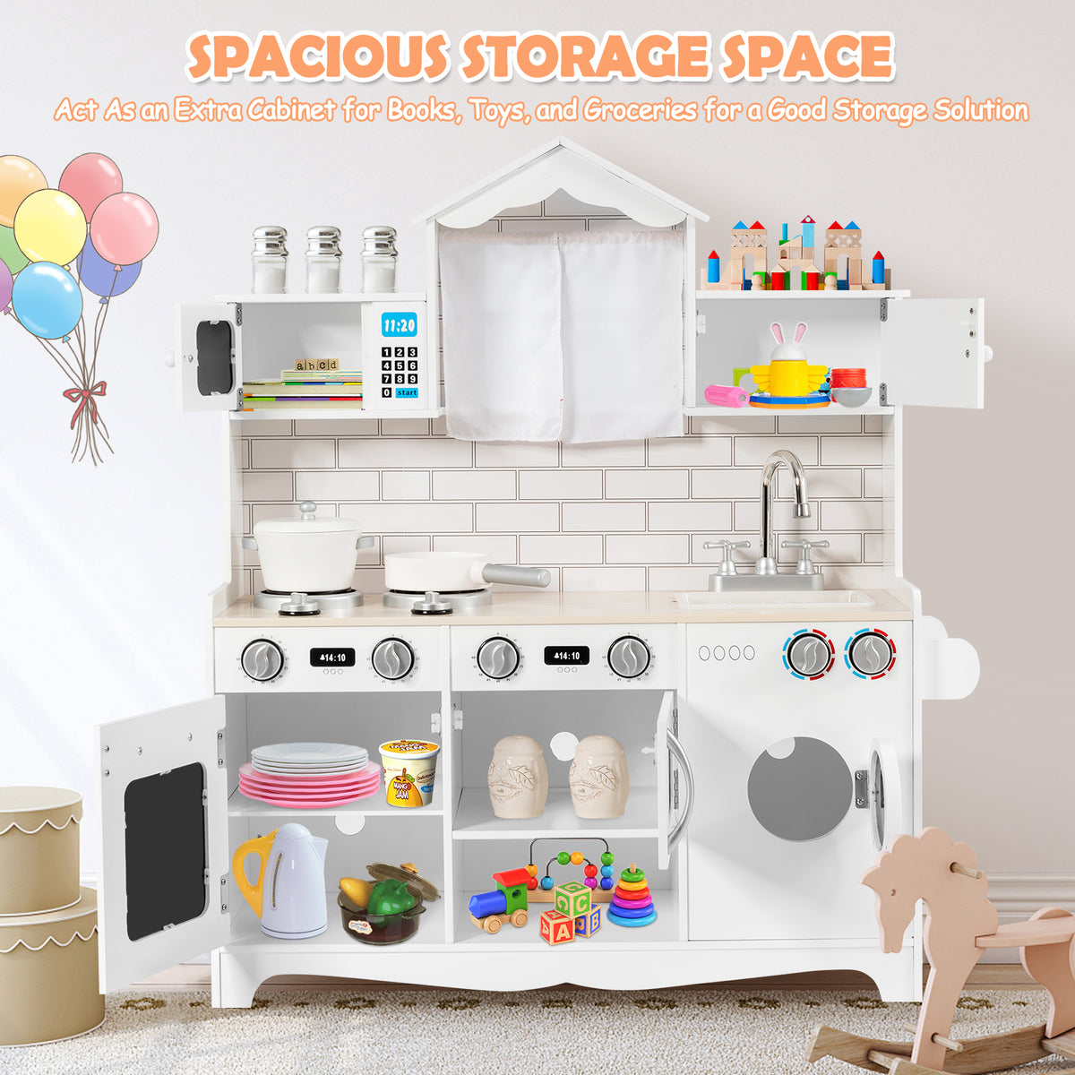 The play kitchen set with doors and shelves open showing storage space