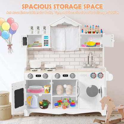 The play kitchen set with doors and shelves open showing storage space