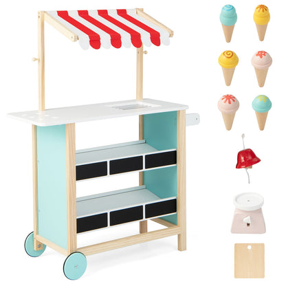 Wooden Pretend Play Kids Grocery Store with Chalkboard featuring a red striped canopy and shelves