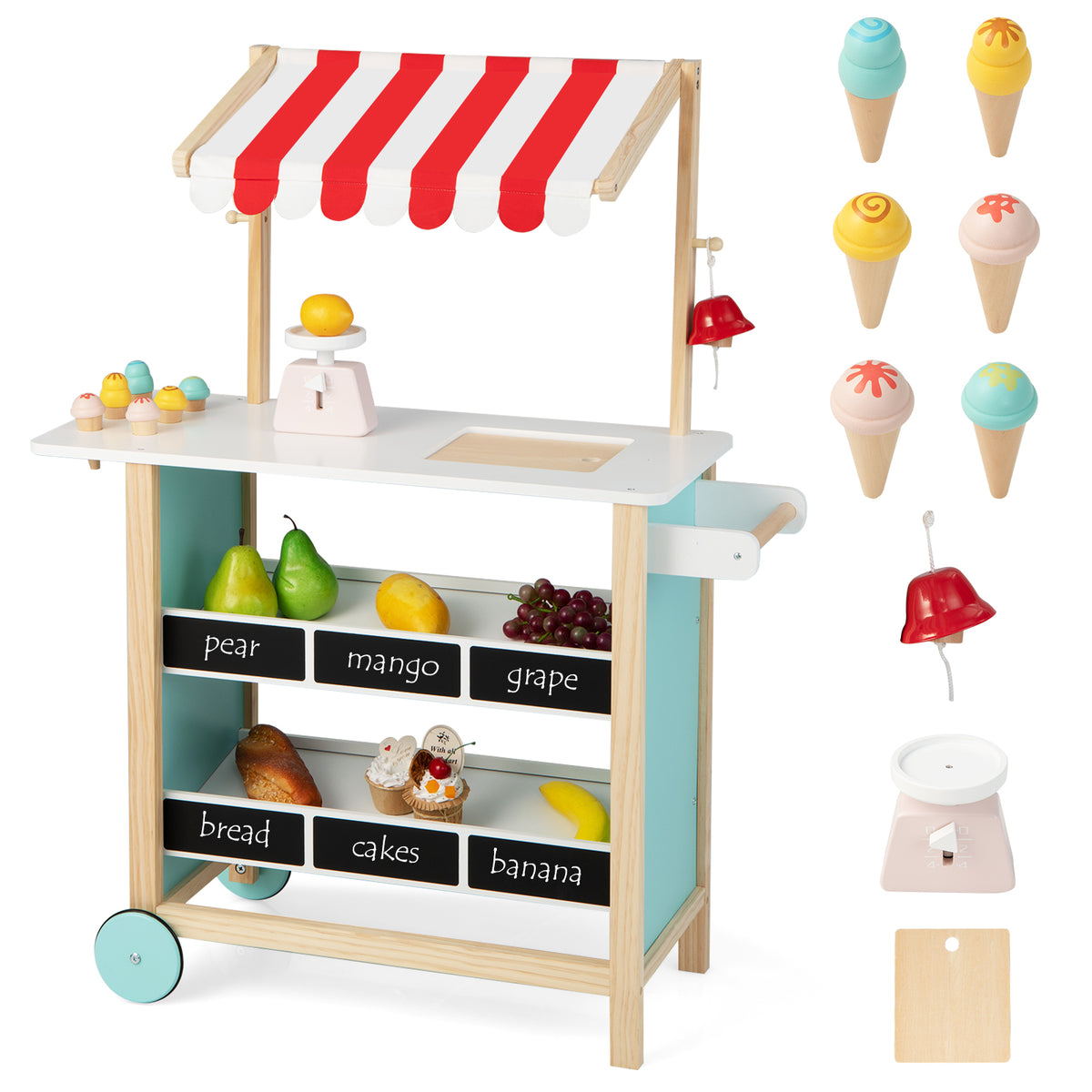 The wooden grocery store with included accessories like ice cream cones, a scale and a cutting board