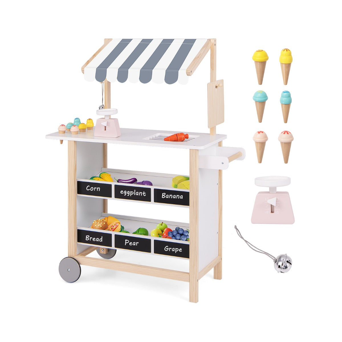 Wooden Pretend Play Kids Grocery Store with Chalkboard shown with all included play food accessories