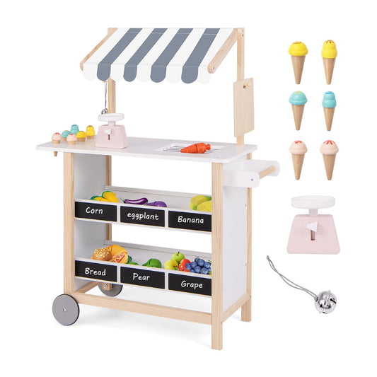 Wooden Pretend Play Kids Grocery Store with Chalkboard shown with all included play food accessories