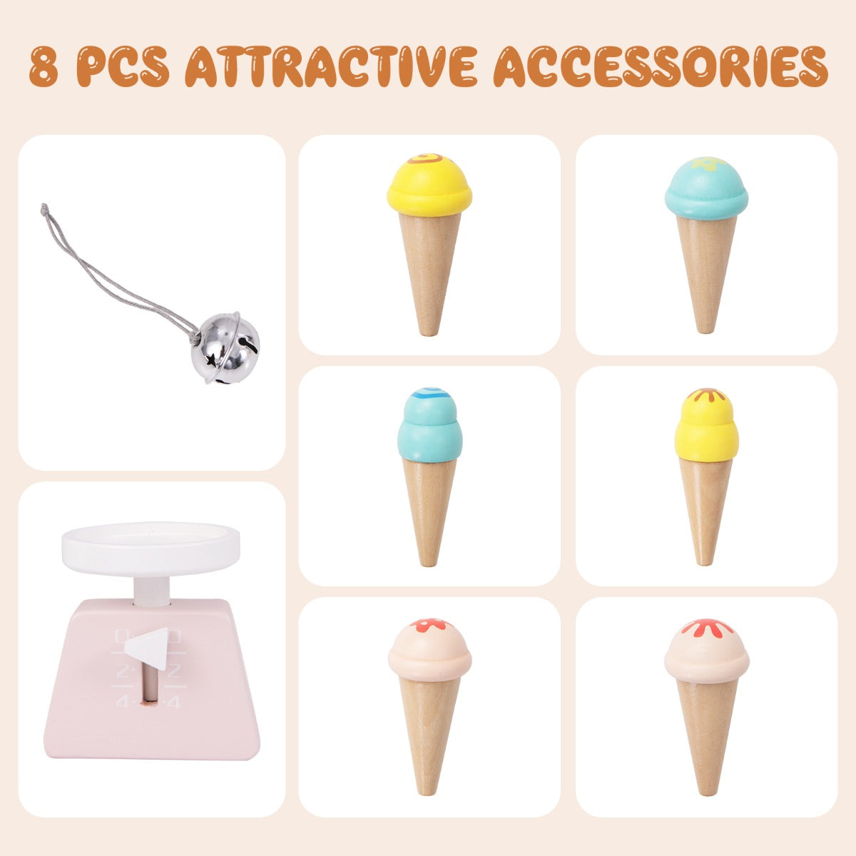 The play kitchen set accessories including a bell, a scale and six toy ice cream cones
