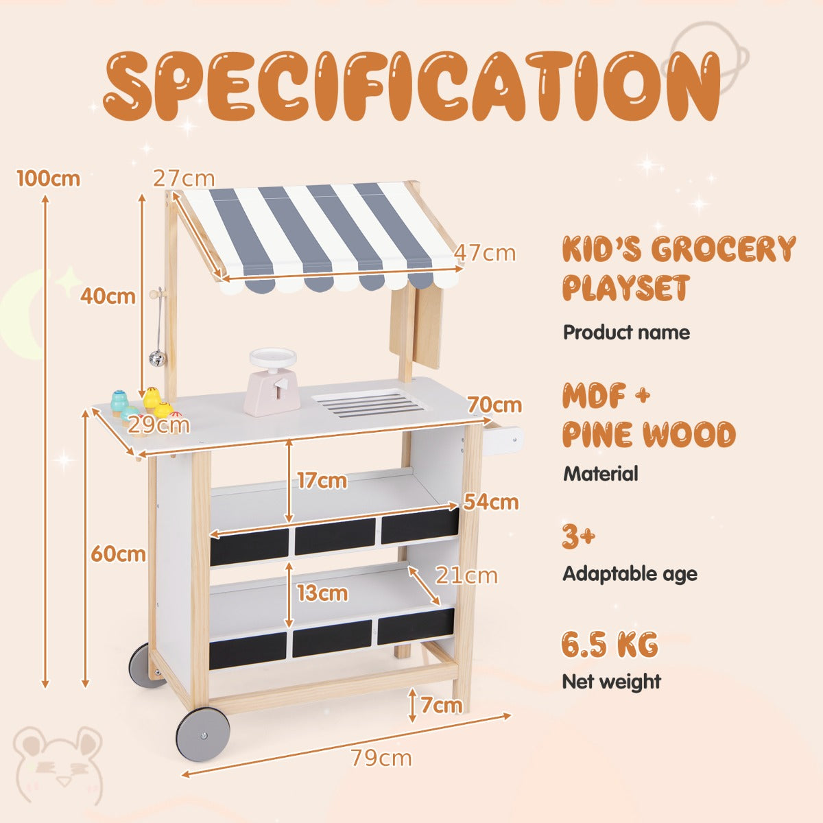 The play kitchen set with arrows and text showing the dimensions of the unit and its parts
