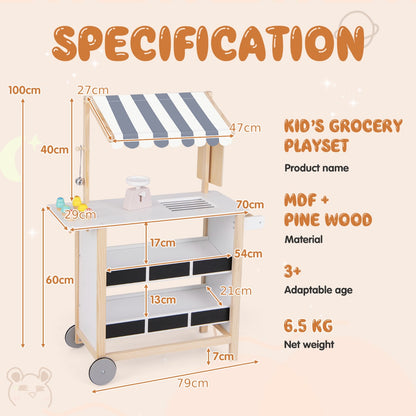 The play kitchen set with arrows and text showing the dimensions of the unit and its parts