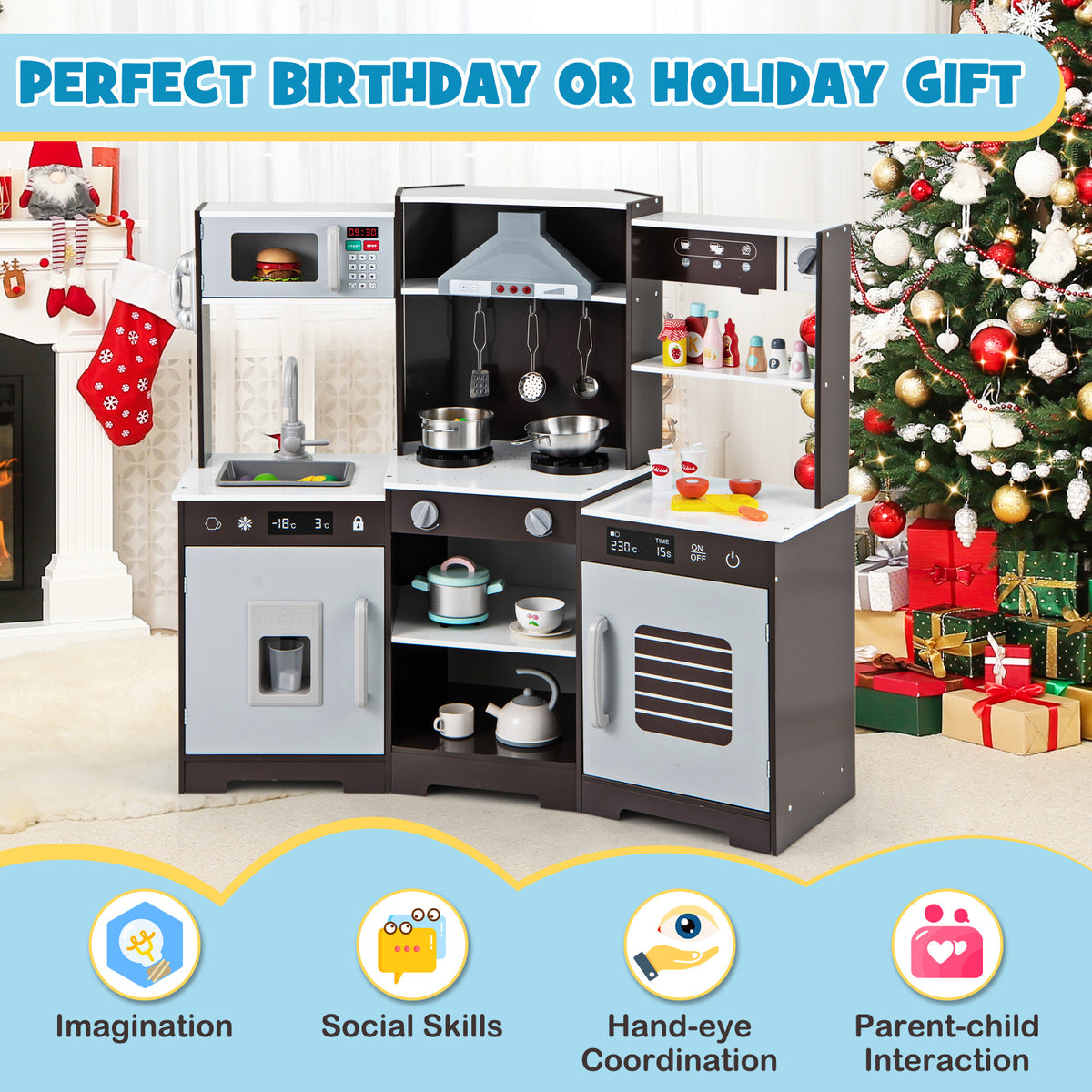 The play kitchen set displayed with icons highlighting the developmental benefits for children