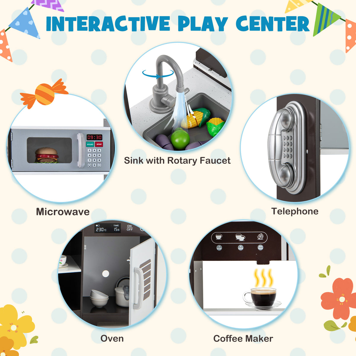 The play kitchen set showing close-up details of the microwave, sink, phone, oven and coffee maker
