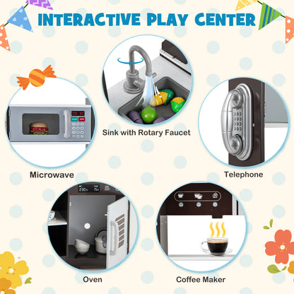 The play kitchen set showing close-up details of the microwave, sink, phone, oven and coffee maker