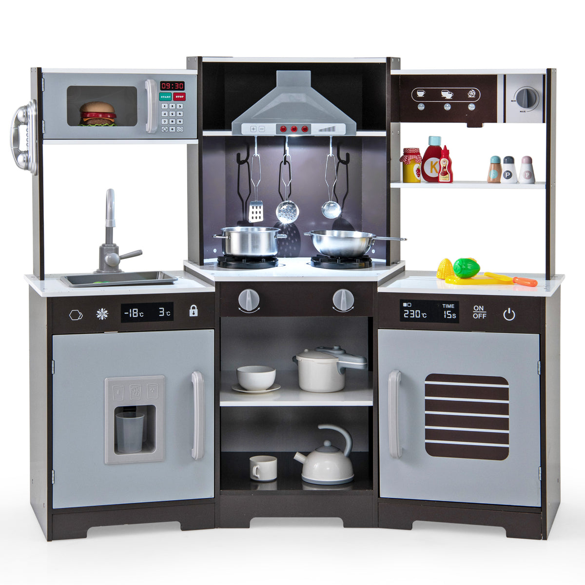 Wooden Pretend Play Kitchen with Real Sounds and Lights shown against a plain white background