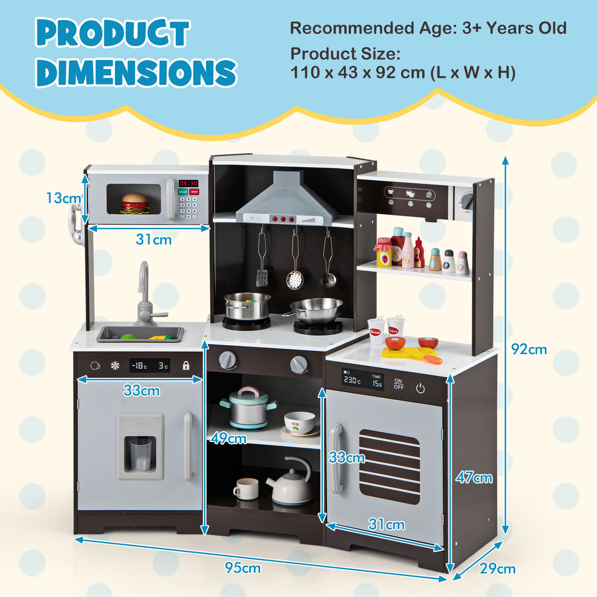 The play kitchen set with blue lines and text indicating the dimensions of the unit