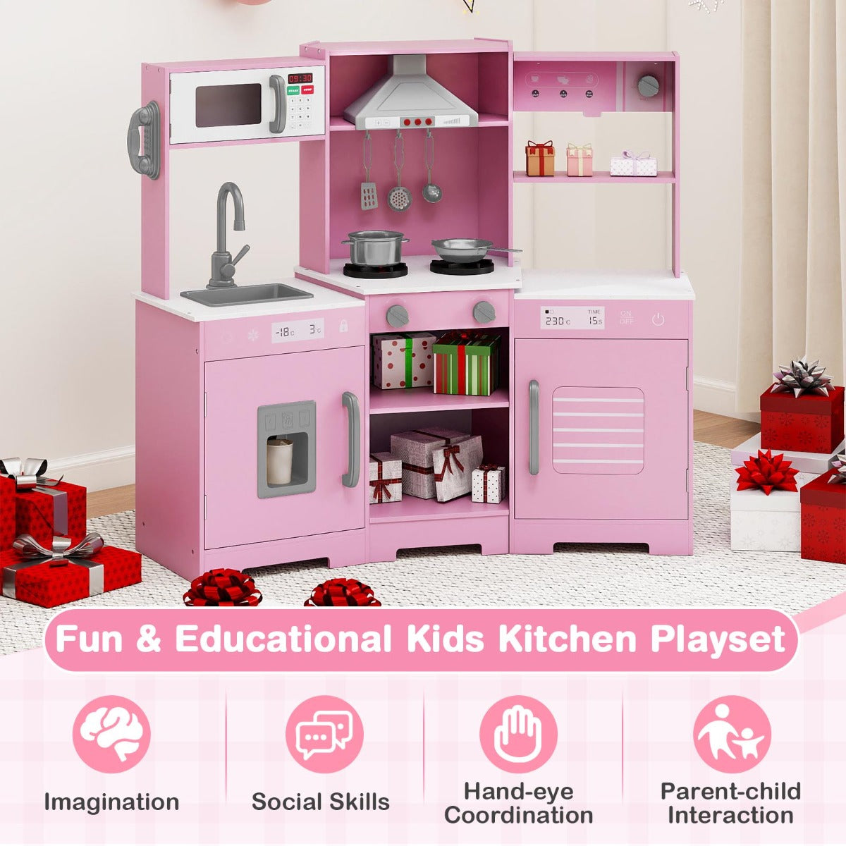 The play kitchen surrounded by gift boxes with text highlighting educational benefits