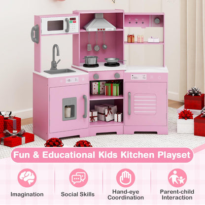 The play kitchen surrounded by gift boxes with text highlighting educational benefits
