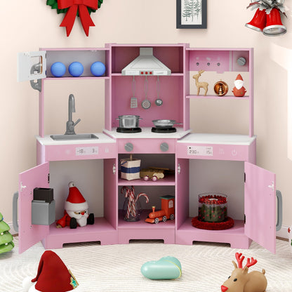 The play kitchen decorated for Christmas with festive ornaments and toys inside the cupboards