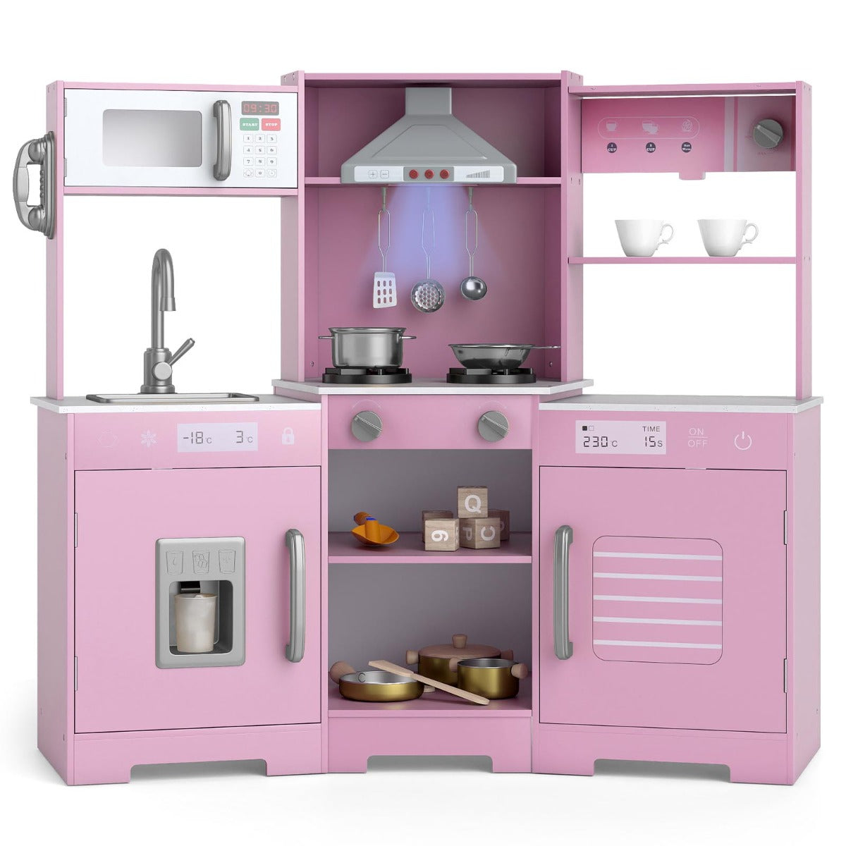 Wooden Pretend Play Kitchen with Real Sounds and Lights in pink with a microwave and stove