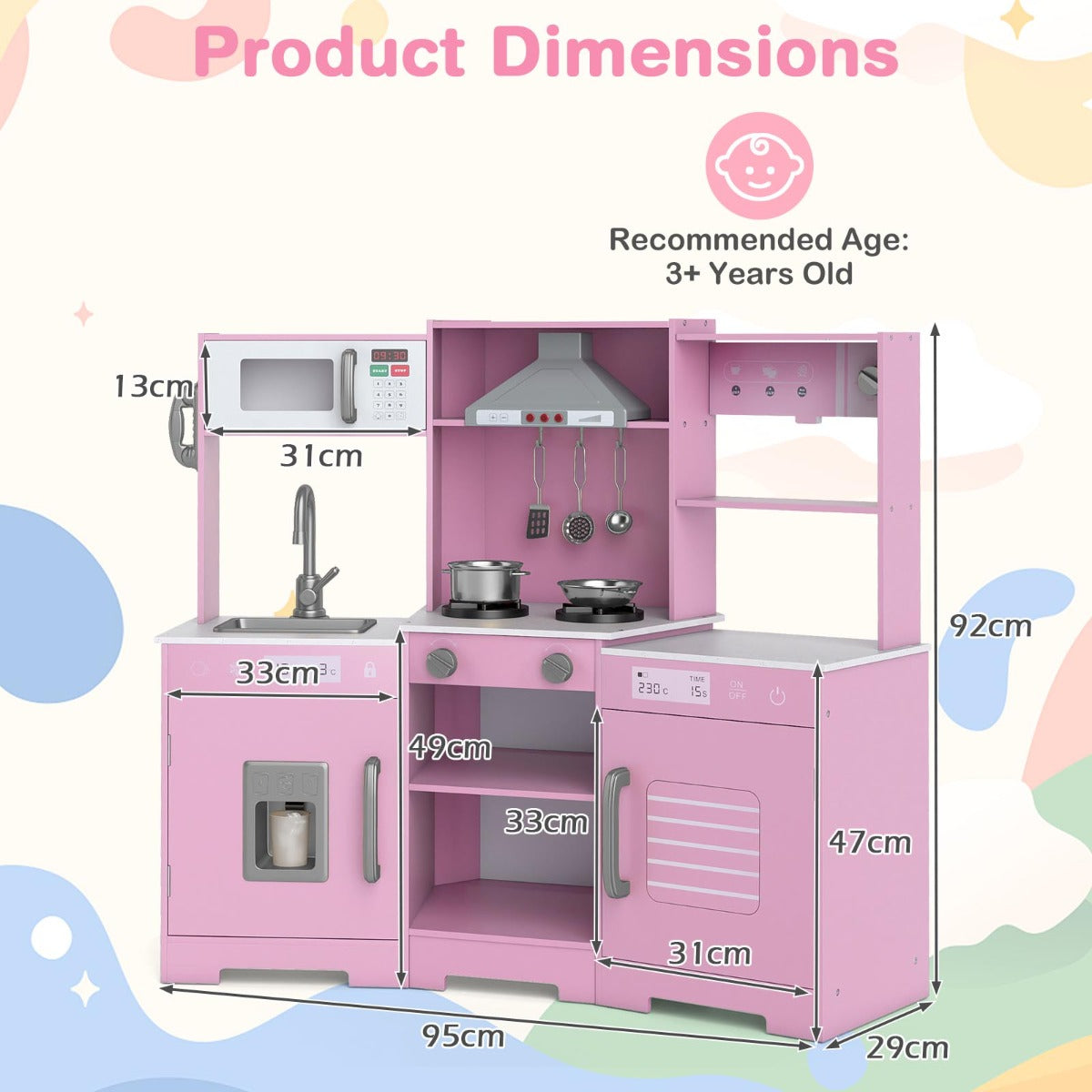 The play kitchen with overlaid text and arrows showing the dimensions of the unit