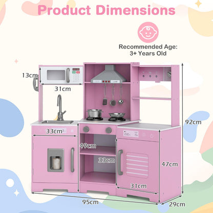 The play kitchen with overlaid text and arrows showing the dimensions of the unit