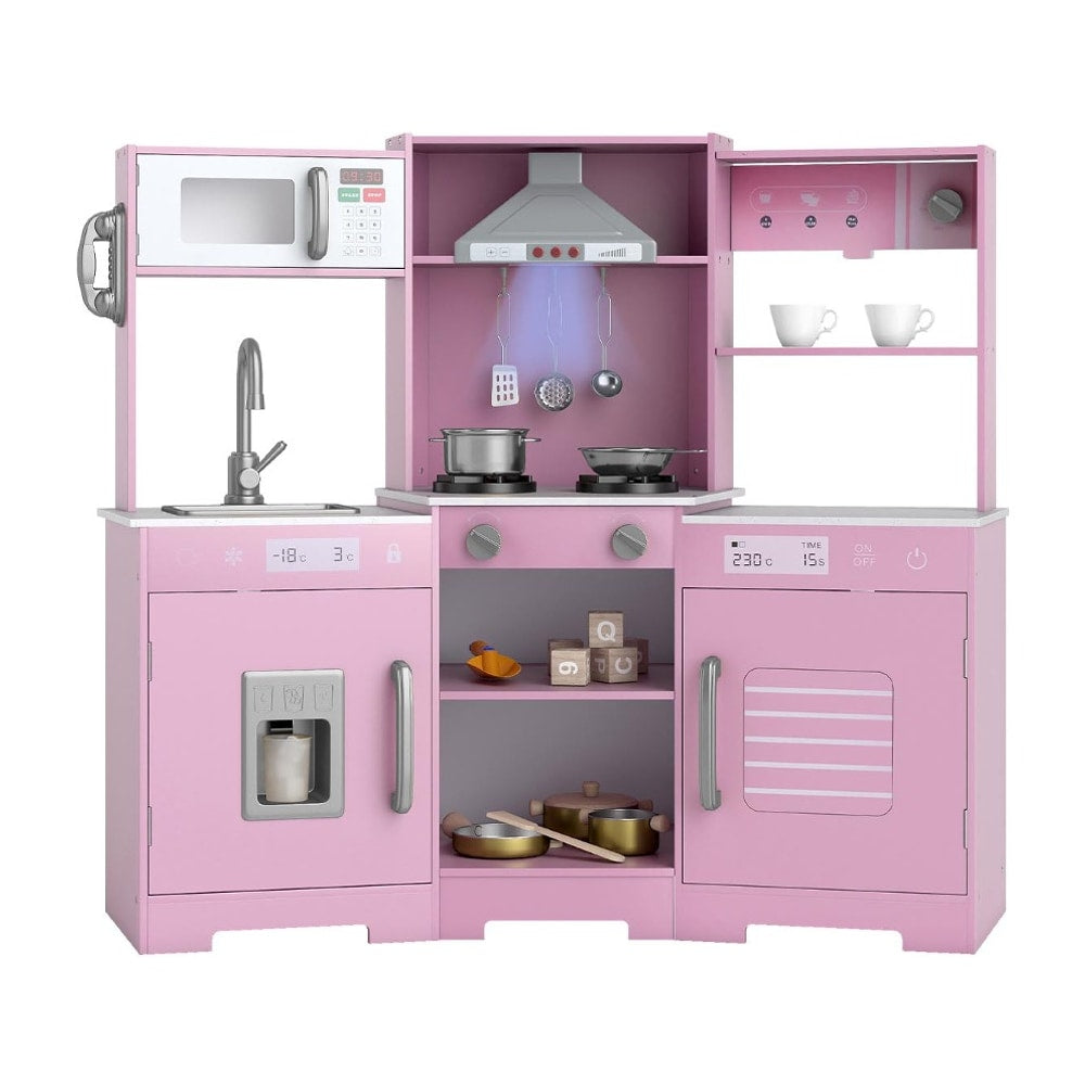 The play kitchen shown on a plain white background with all doors and cupboards closed