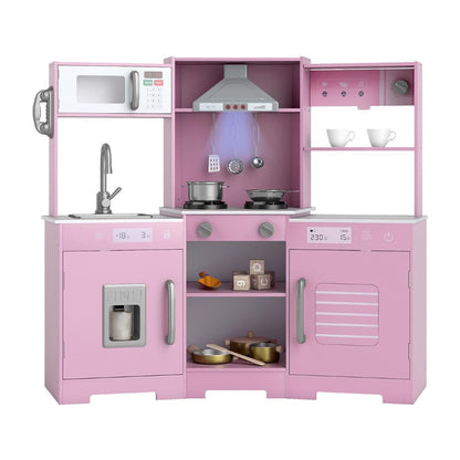 The play kitchen shown on a plain white background with all doors and cupboards closed