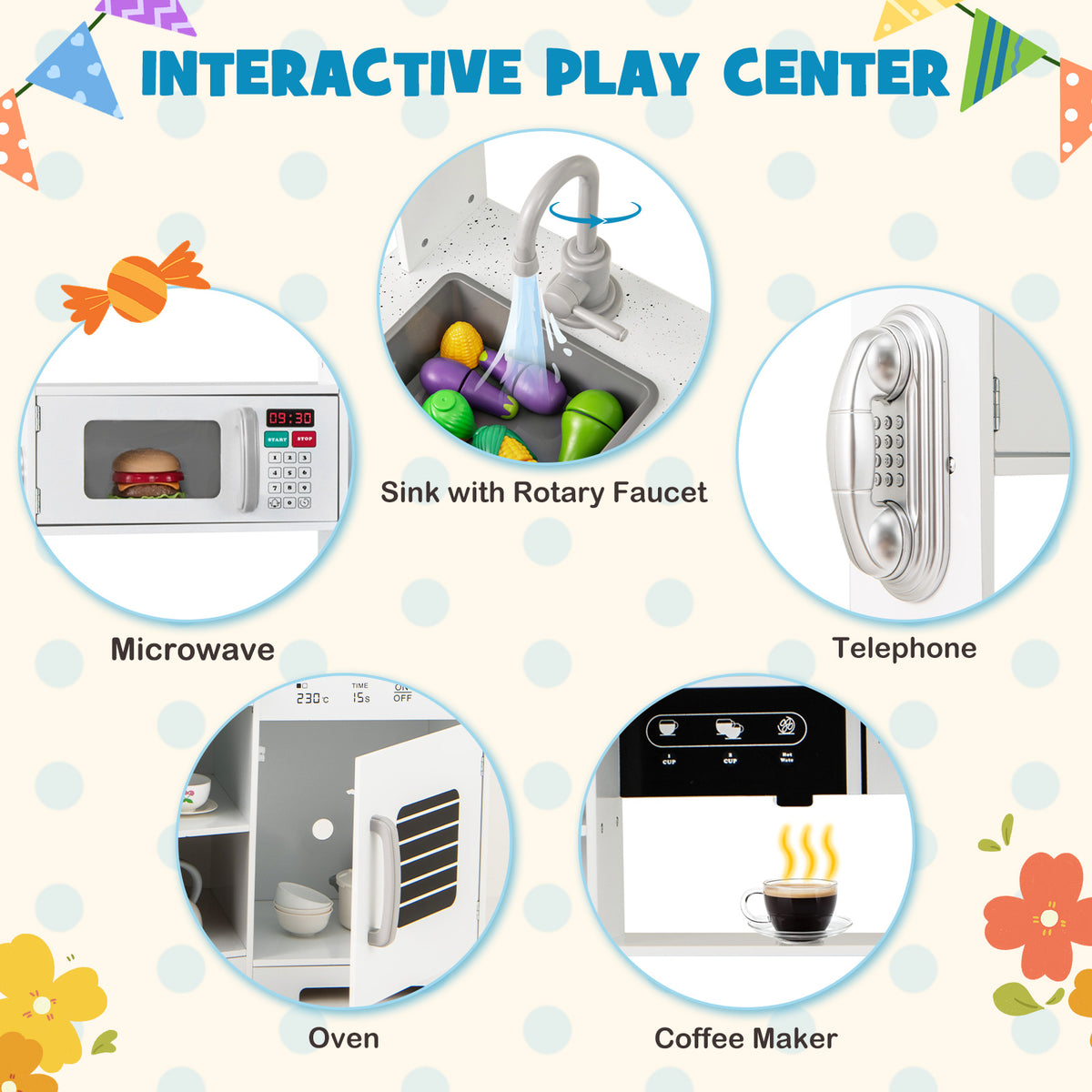 Close-ups of the microwave, sink, telephone, coffee maker and oven on the play kitchen