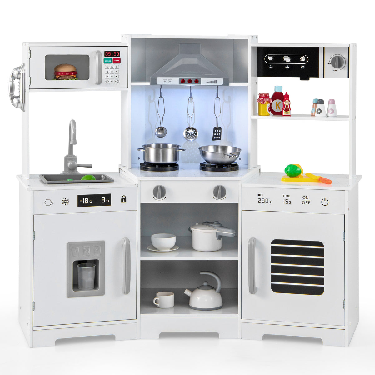 Wooden Pretend Play Kitchen with Real Sounds and Lights, a white play kitchen with microwave, oven, sink and hob