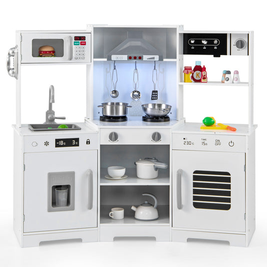 Wooden Pretend Play Kitchen with Real Sounds and Lights, a white play kitchen with microwave, oven, sink and hob