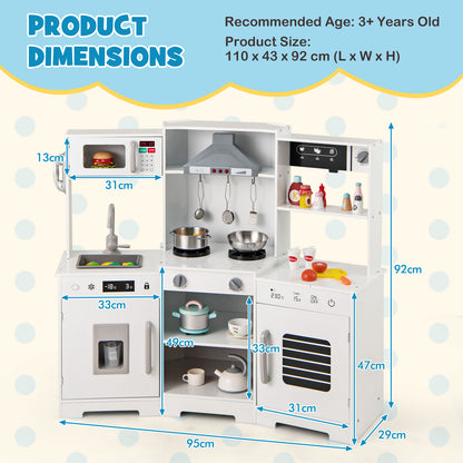 The white wooden play kitchen with dimensions shown for size comparison