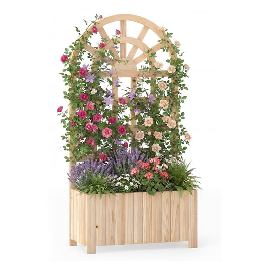 Wooden Raised Garden Bed with trellis, adorned with climbing roses and lavender flowers