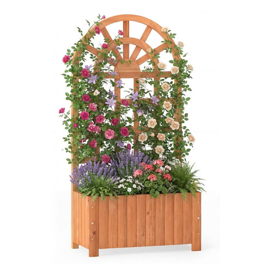 Wooden Raised Garden Bed with trellis and arched top, filled with flowers and plants