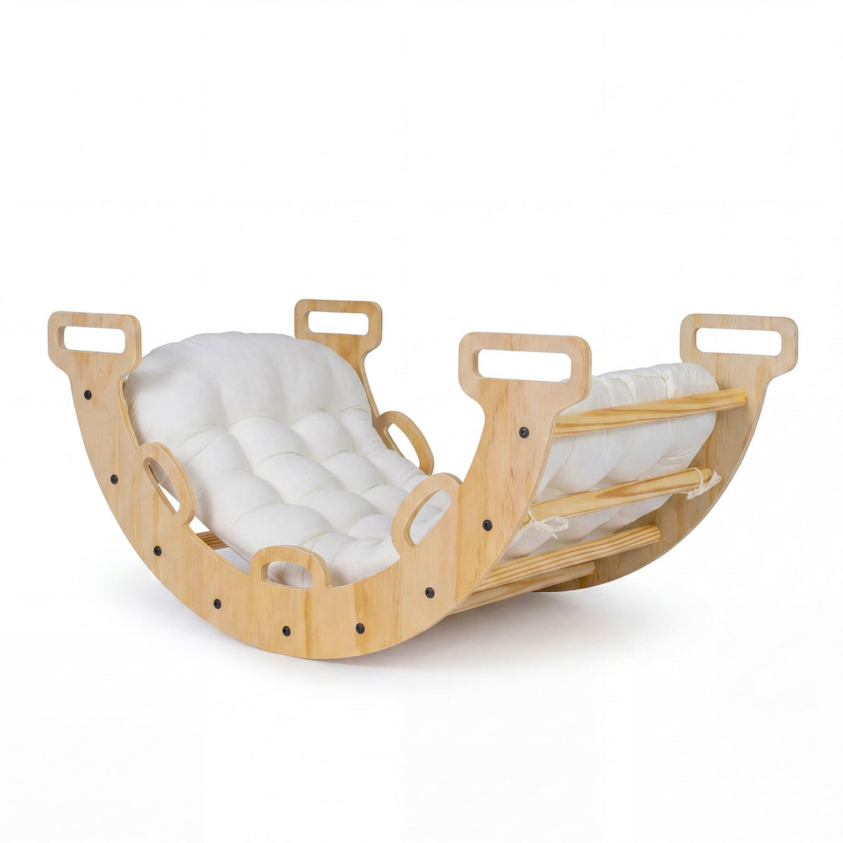 Wooden Rocking Climbing Arch with cushion, a natural wood rocker with white padded seat