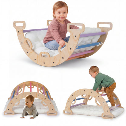The climbing frame shown in three different positions with children playing on it