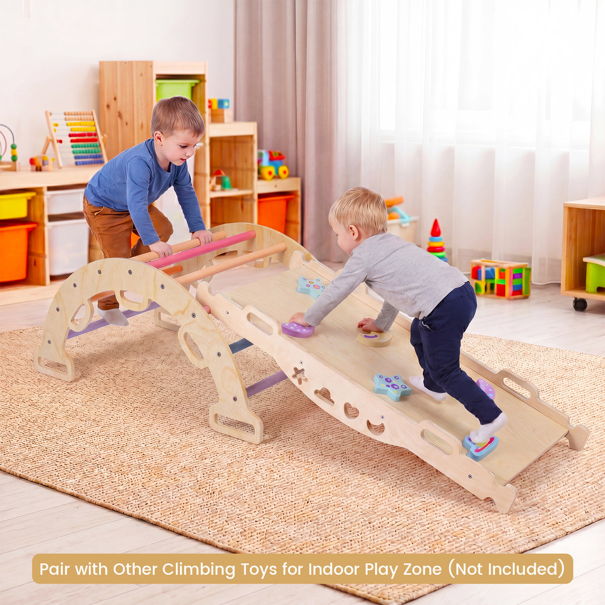 The climbing frame set up as a bridge with a ramp for children to play on in a playroom