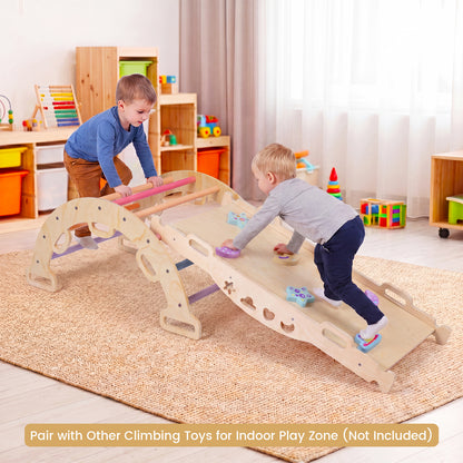 The climbing frame set up as a bridge with a ramp for children to play on in a playroom