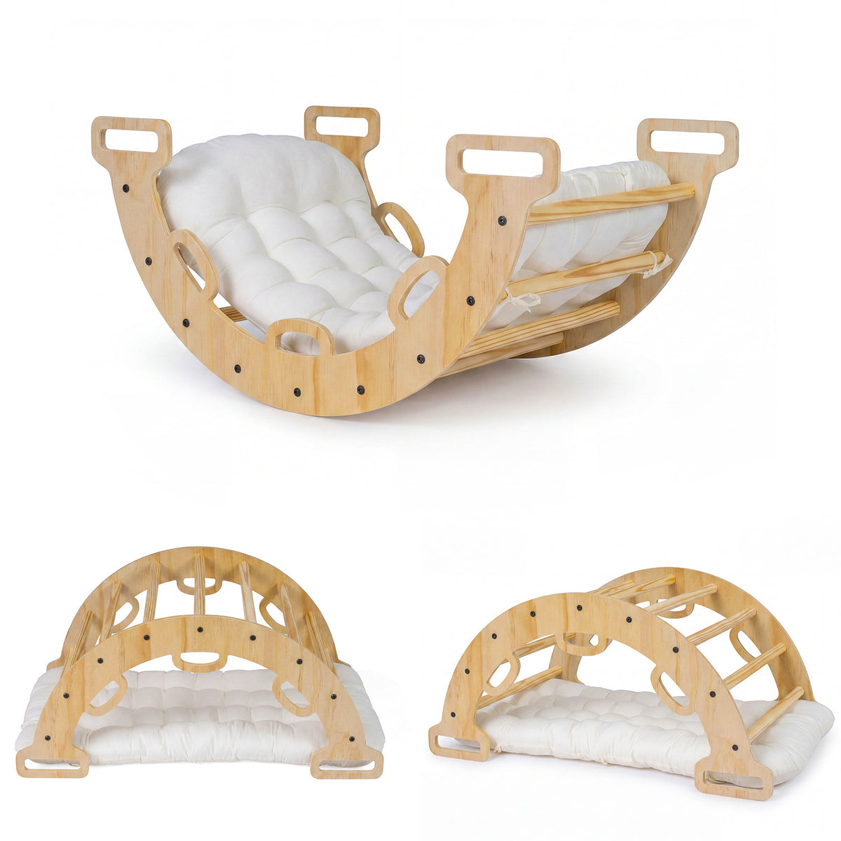 Wooden climbing arch shown in three different configurations