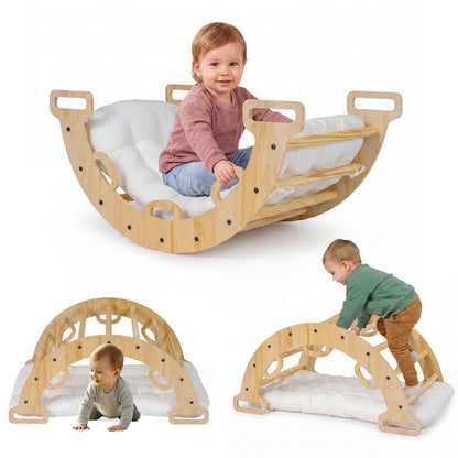Three different ways to use the wooden climbing arch: rocking, climbing and crawling